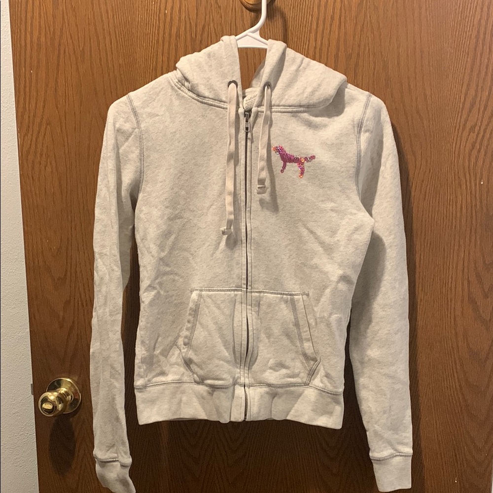 Gray Zip-Up Hoodie with Pink Logo XS. Stains as seen in pic and some pilling.